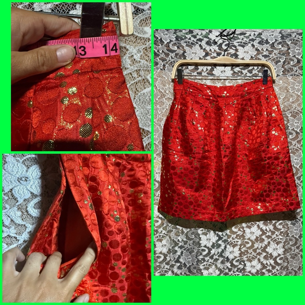 Red gold Mini Skirt Dot Detail brocade fabric vintage y2k sz 2 pockets exc. cond